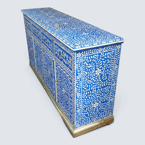 Bone Inlay Floral Design Arabic 4 Drawers & 4 Door Buffet Table Blue