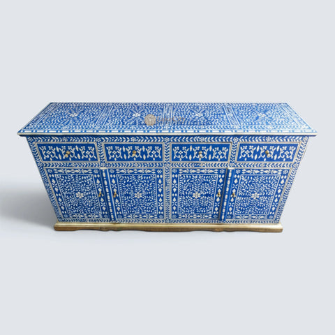 Bone Inlay Floral Design Arabic 4 Drawers & 4 Door Buffet Table Blue