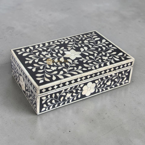 Bone Inlay Floral Design Box Black
