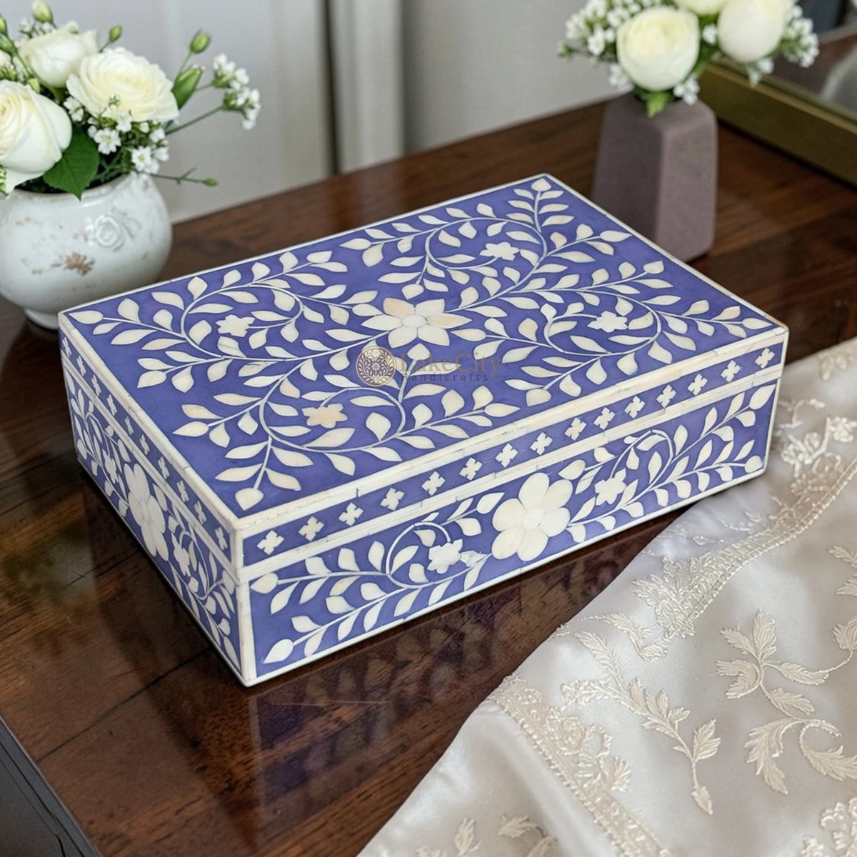 Bone Inlay Floral Design Box Light Indigo