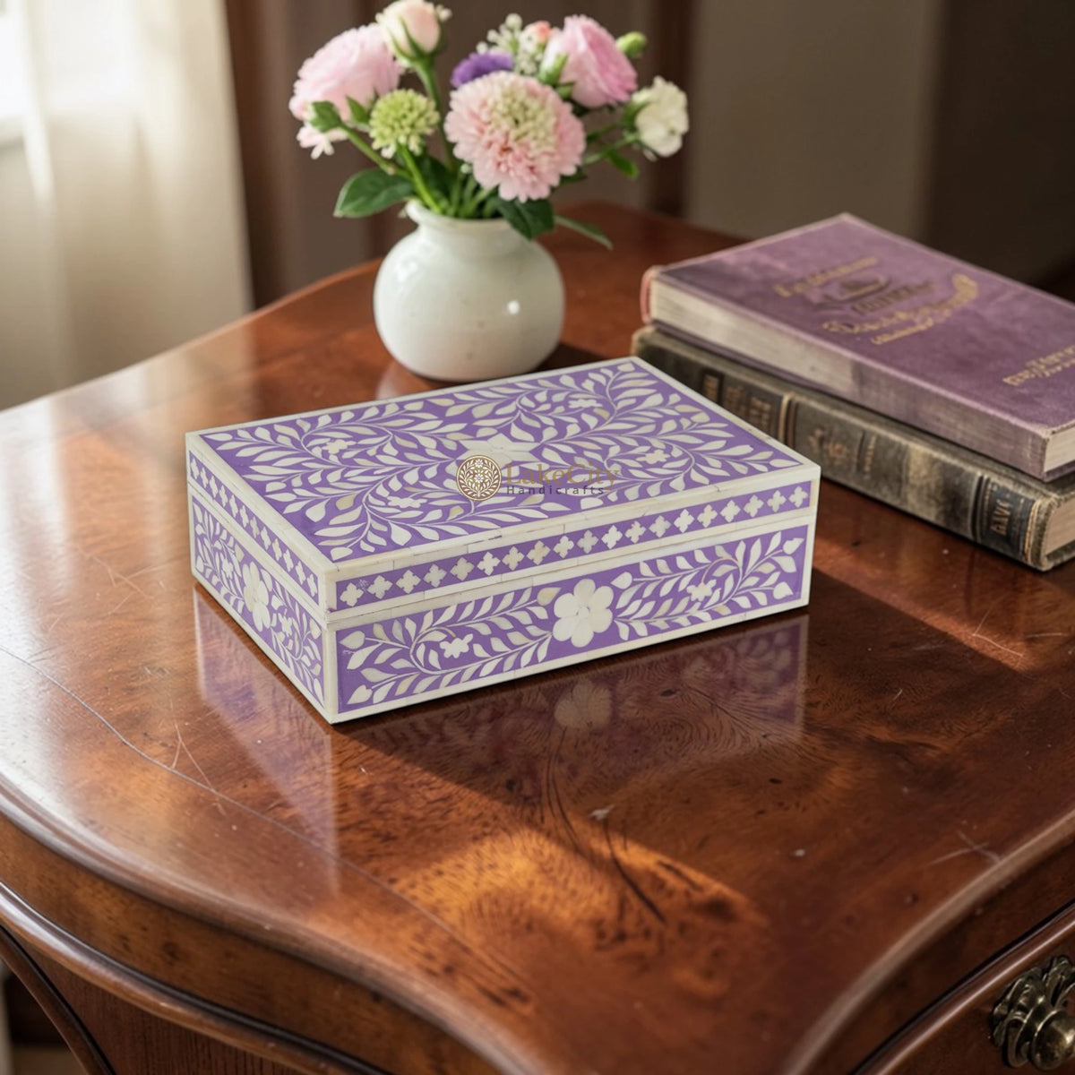 Bone Inlay Floral Design Box Purple