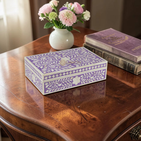 Bone Inlay Floral Design Box Purple