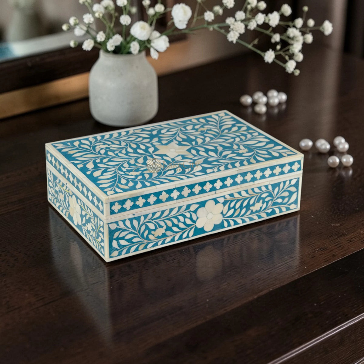 Bone Inlay Floral Design Box Turquoise