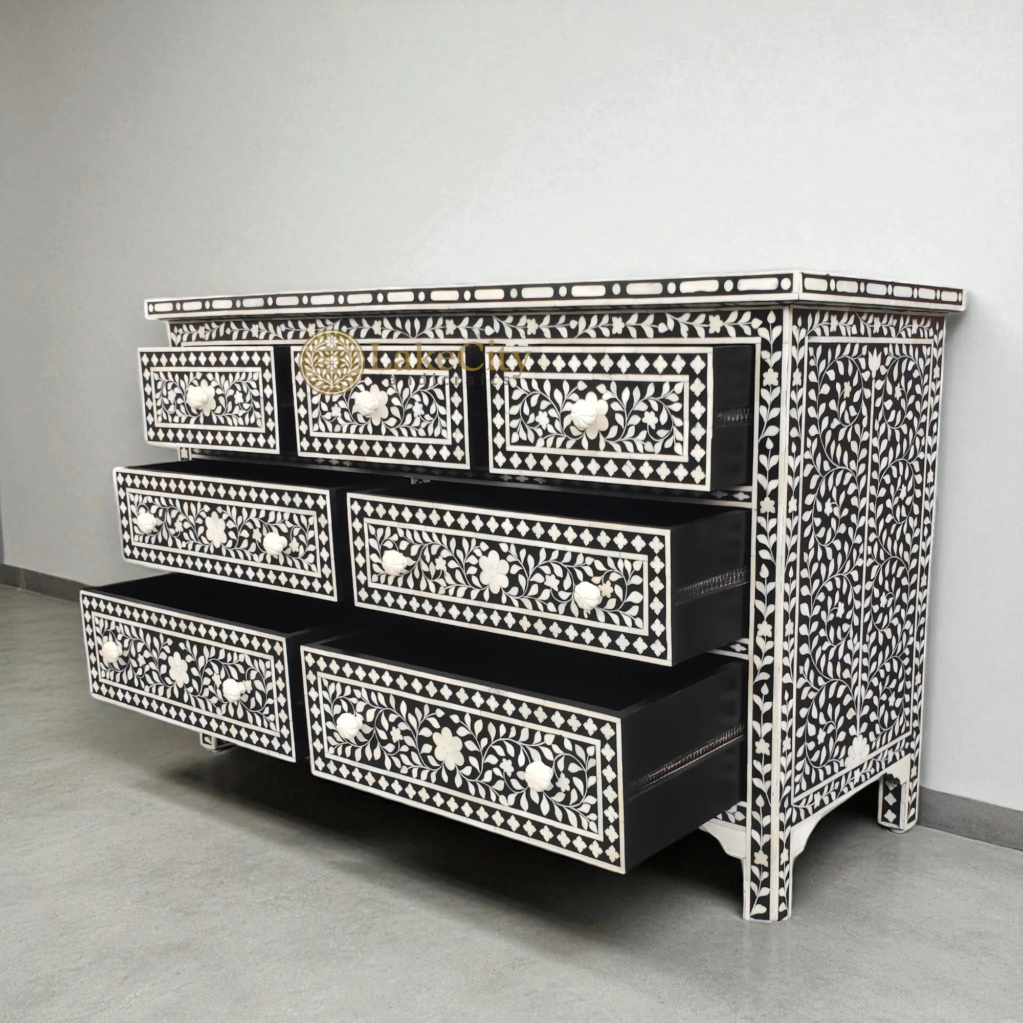 Bone Inlay Floral Design Chest Of 7 Drawers | Bone Inlay Floral Design 7 Drawers Dresser Table