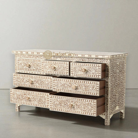 Bone Inlay Floral Design Chest Of 7 Drawers | Bone Inlay Floral Design 7 Drawers Dresser Table