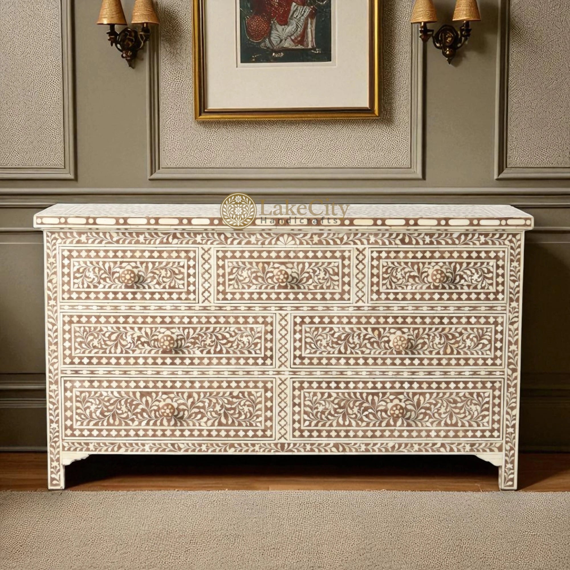 Bone Inlay Floral Design Chest Of 7 Drawers | Bone Inlay Floral Design 7 Drawers Dresser Table