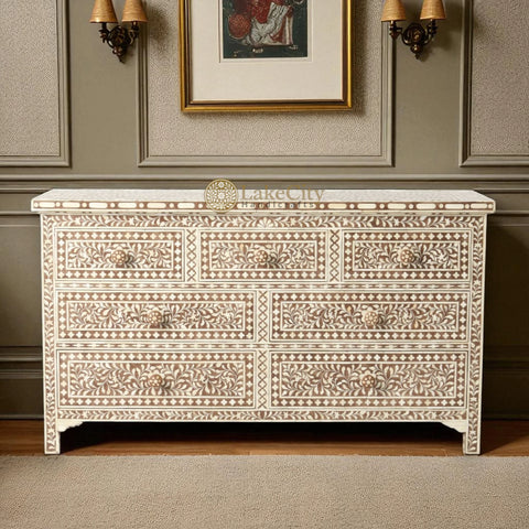 Bone Inlay Floral Design Chest Of 7 Drawers | Bone Inlay Floral Design 7 Drawers Dresser Table