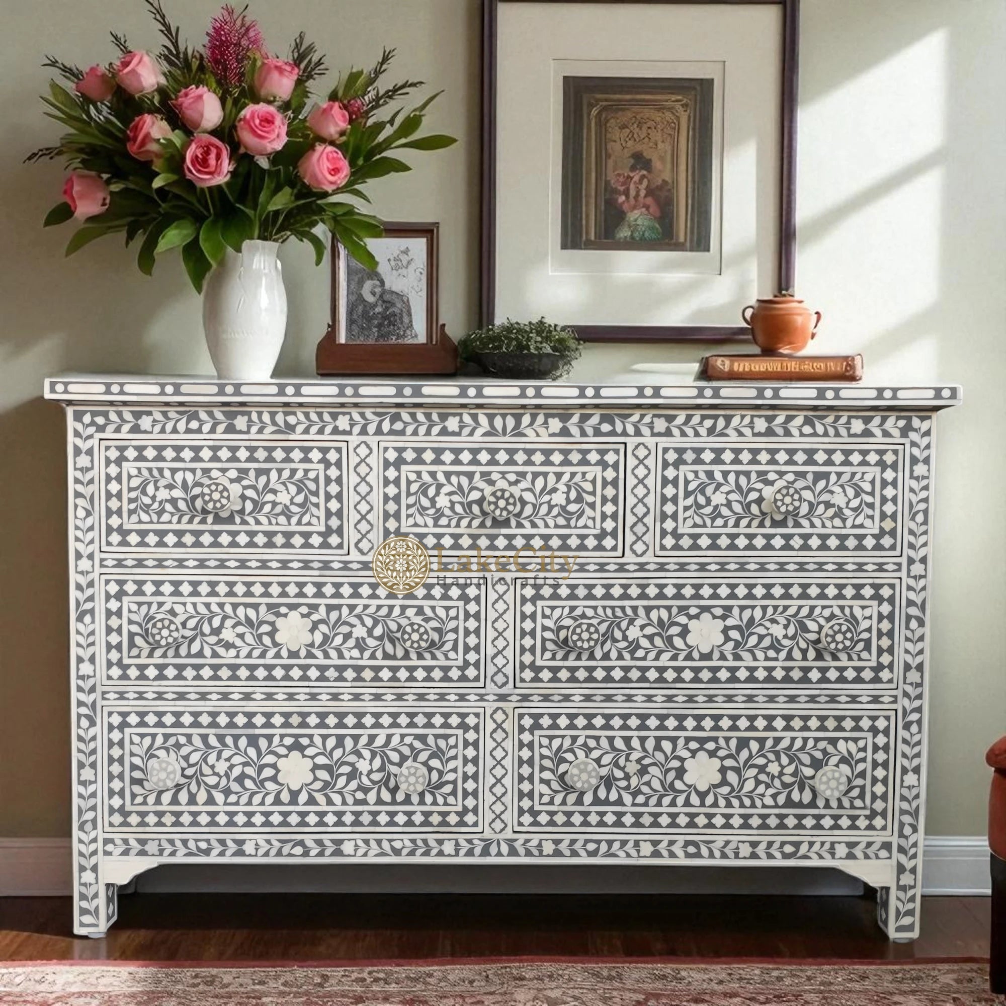 Bone Inlay Floral Design Chest Of 7 Drawers | Bone Inlay Floral Design 7 Drawers Dresser Table