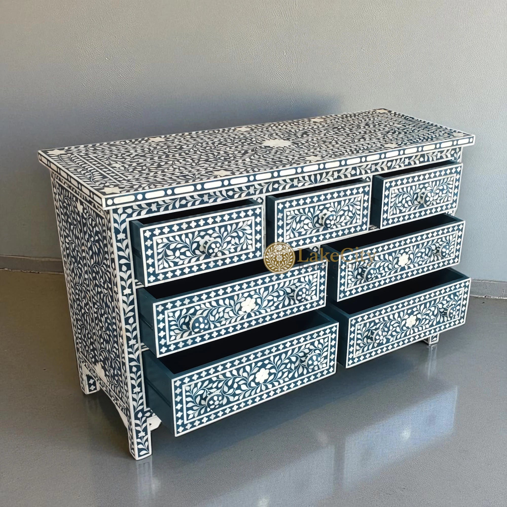 Bone Inlay Floral Design Chest Of 7 Drawers | Bone Inlay Floral Design 7 Drawers Dresser Table