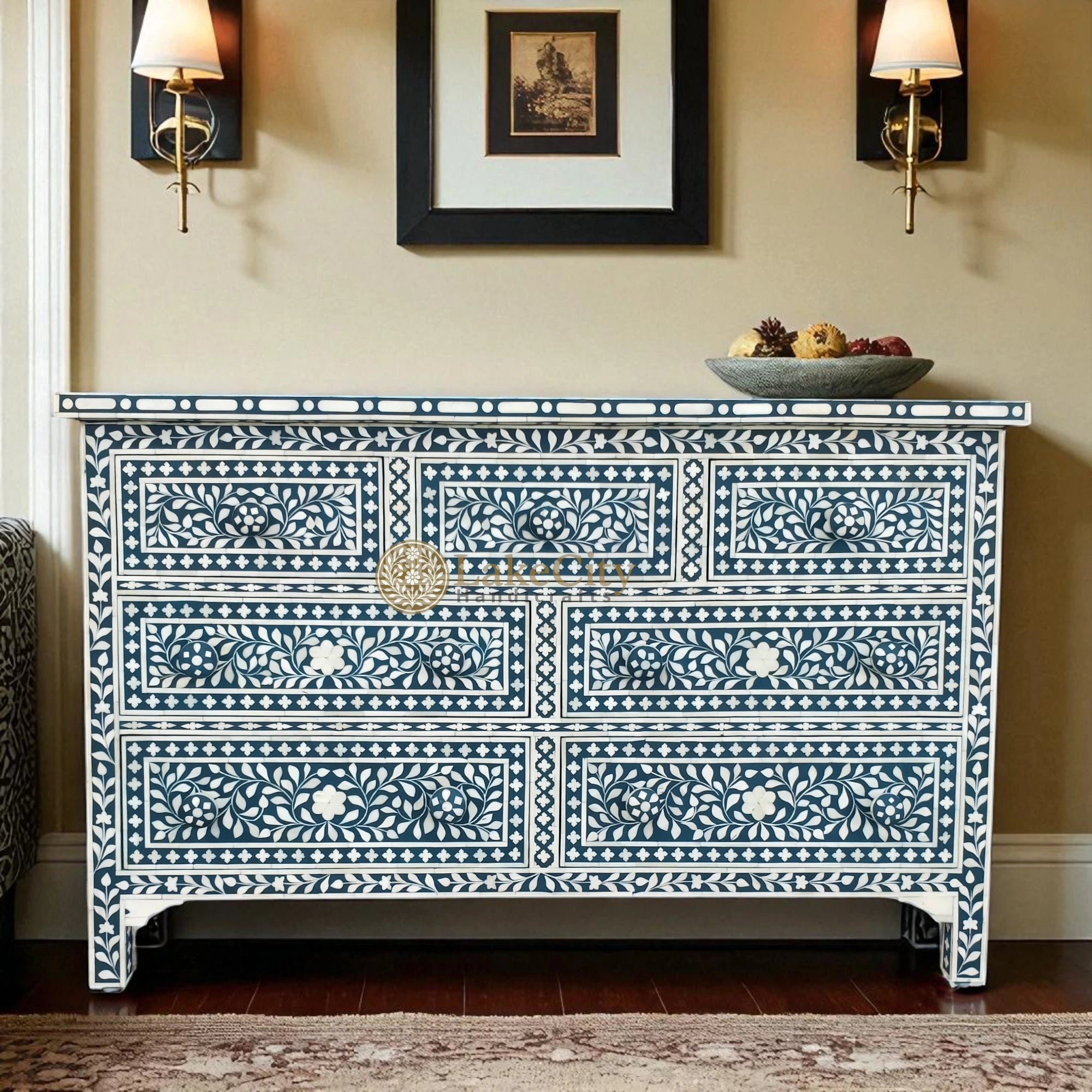 Bone Inlay Floral Design Chest Of 7 Drawers | Bone Inlay Floral Design 7 Drawers Dresser Table