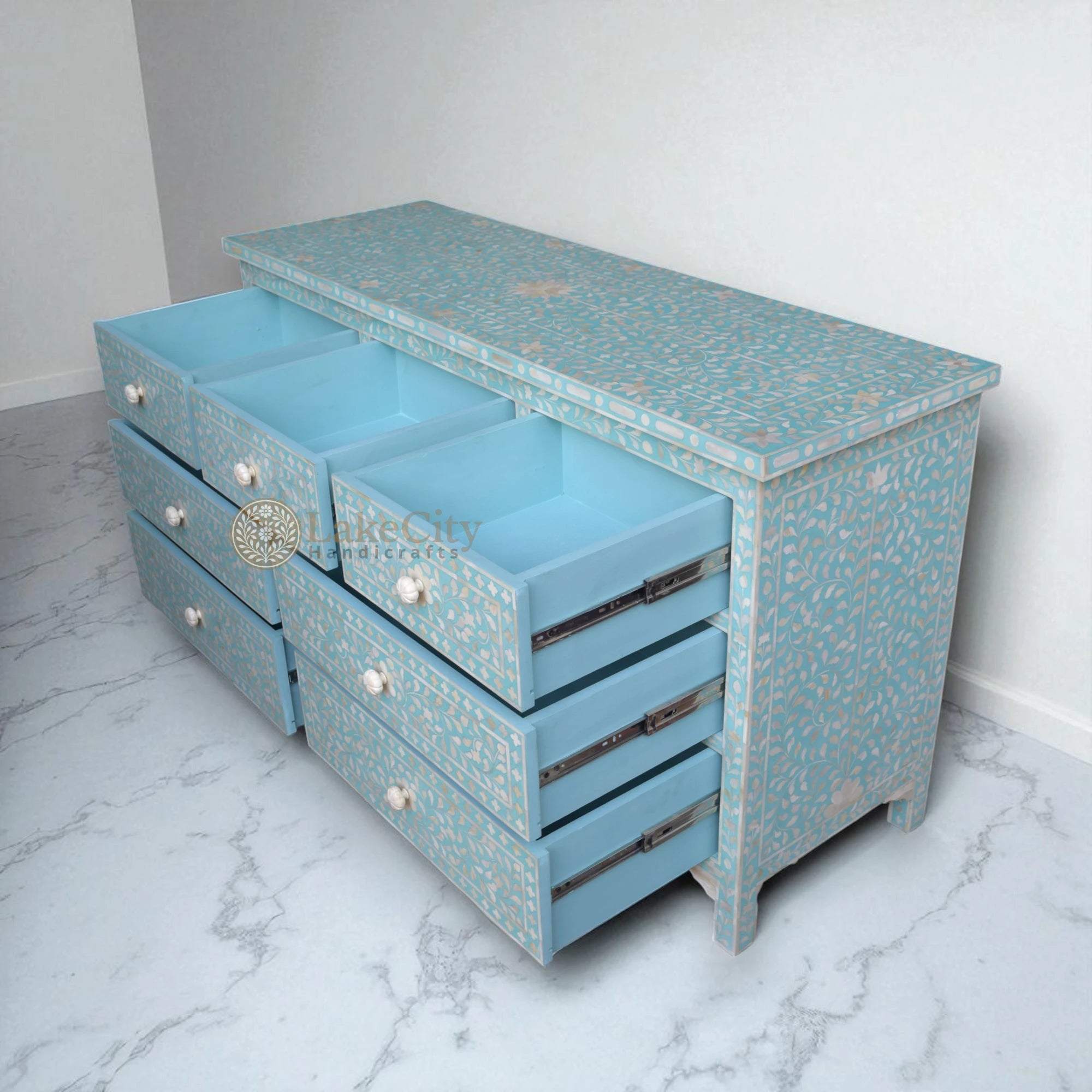 Bone Inlay Floral Design Chest Of 7 Drawers | Bone Inlay Floral Design 7 Drawers Dresser Table