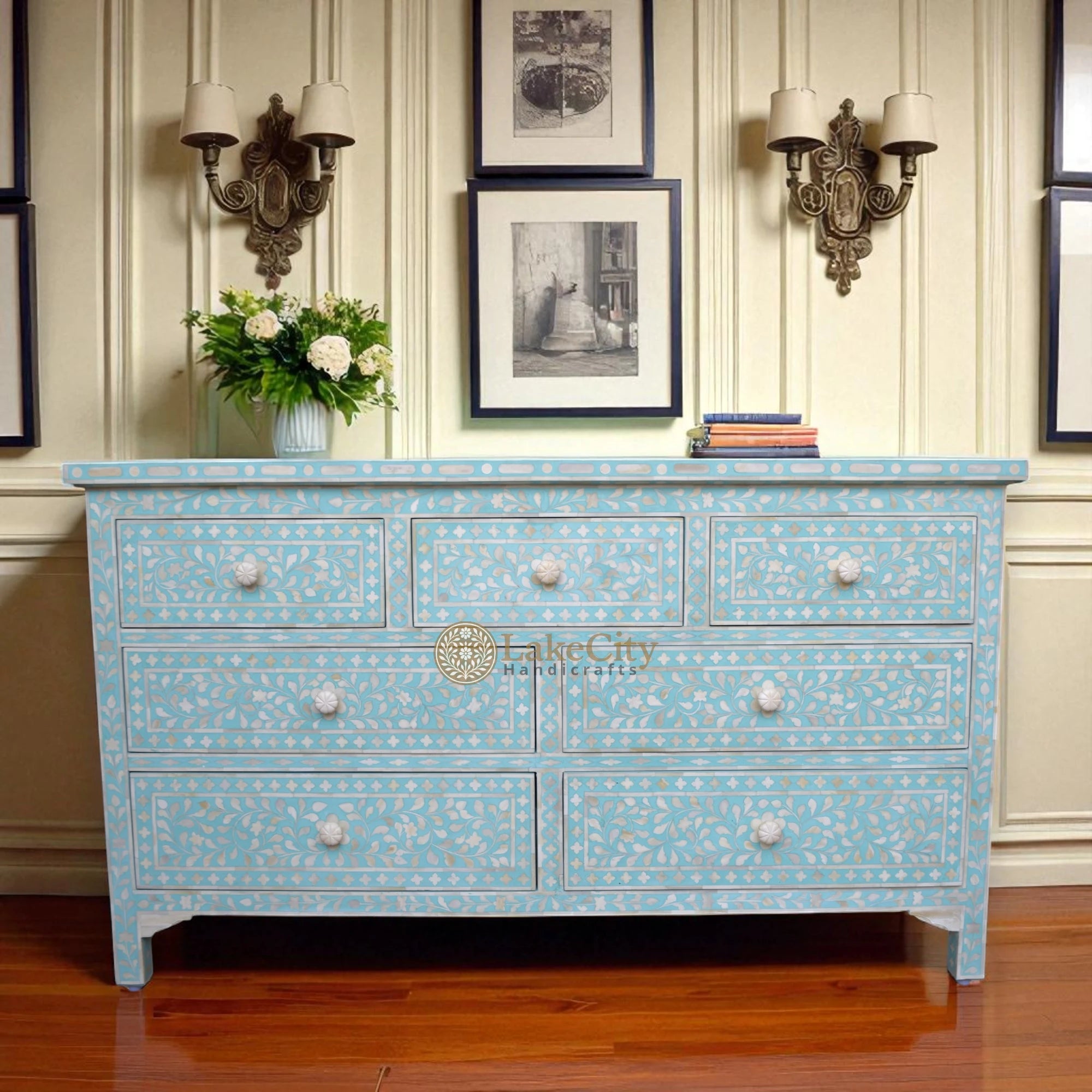 Bone Inlay Floral Design Chest Of 7 Drawers | Bone Inlay Floral Design 7 Drawers Dresser Table