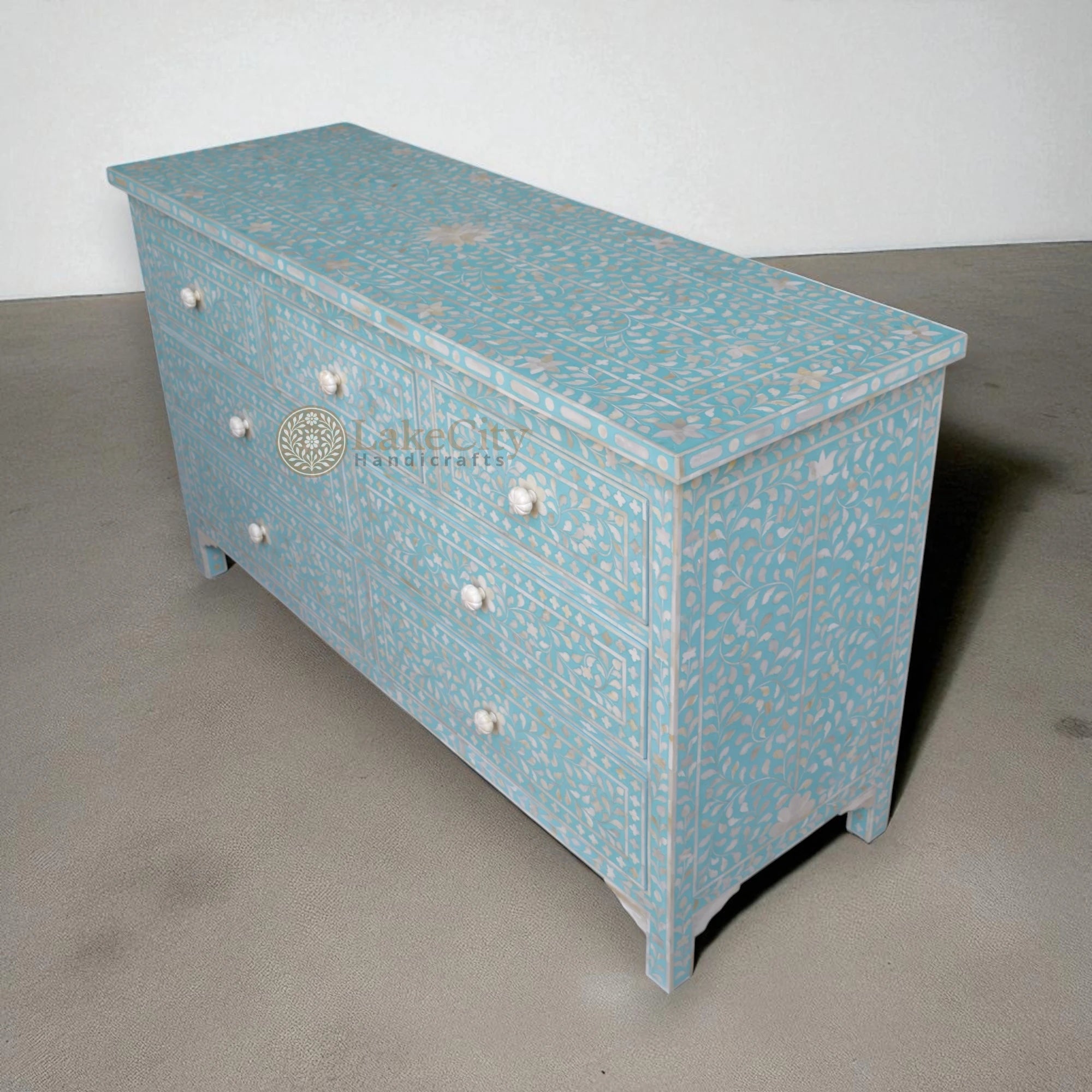 Bone Inlay Floral Design Chest Of 7 Drawers | Bone Inlay Floral Design 7 Drawers Dresser Table