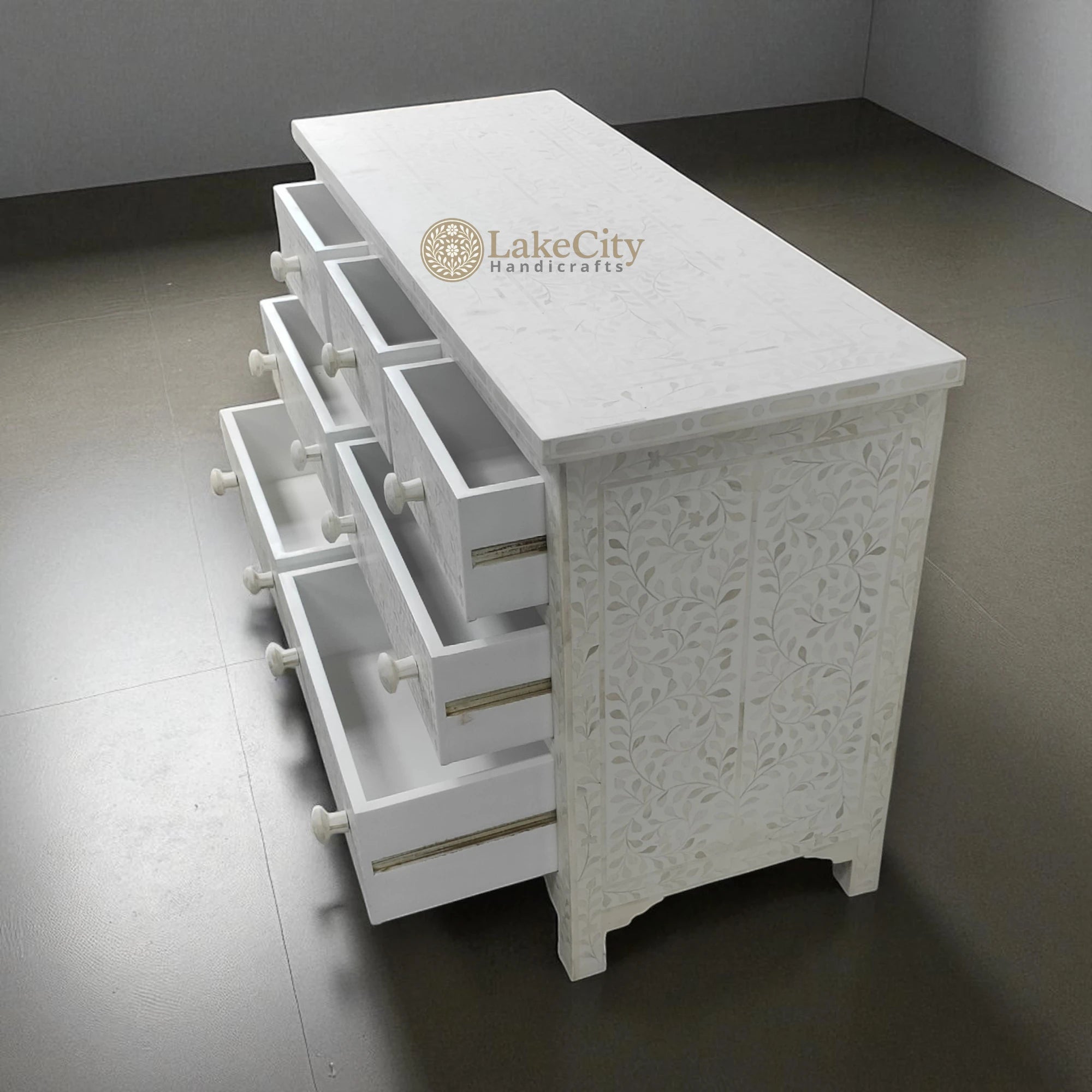 Bone Inlay Floral Design Chest Of 7 Drawers | Bone Inlay Floral Design 7 Drawers Dresser Table