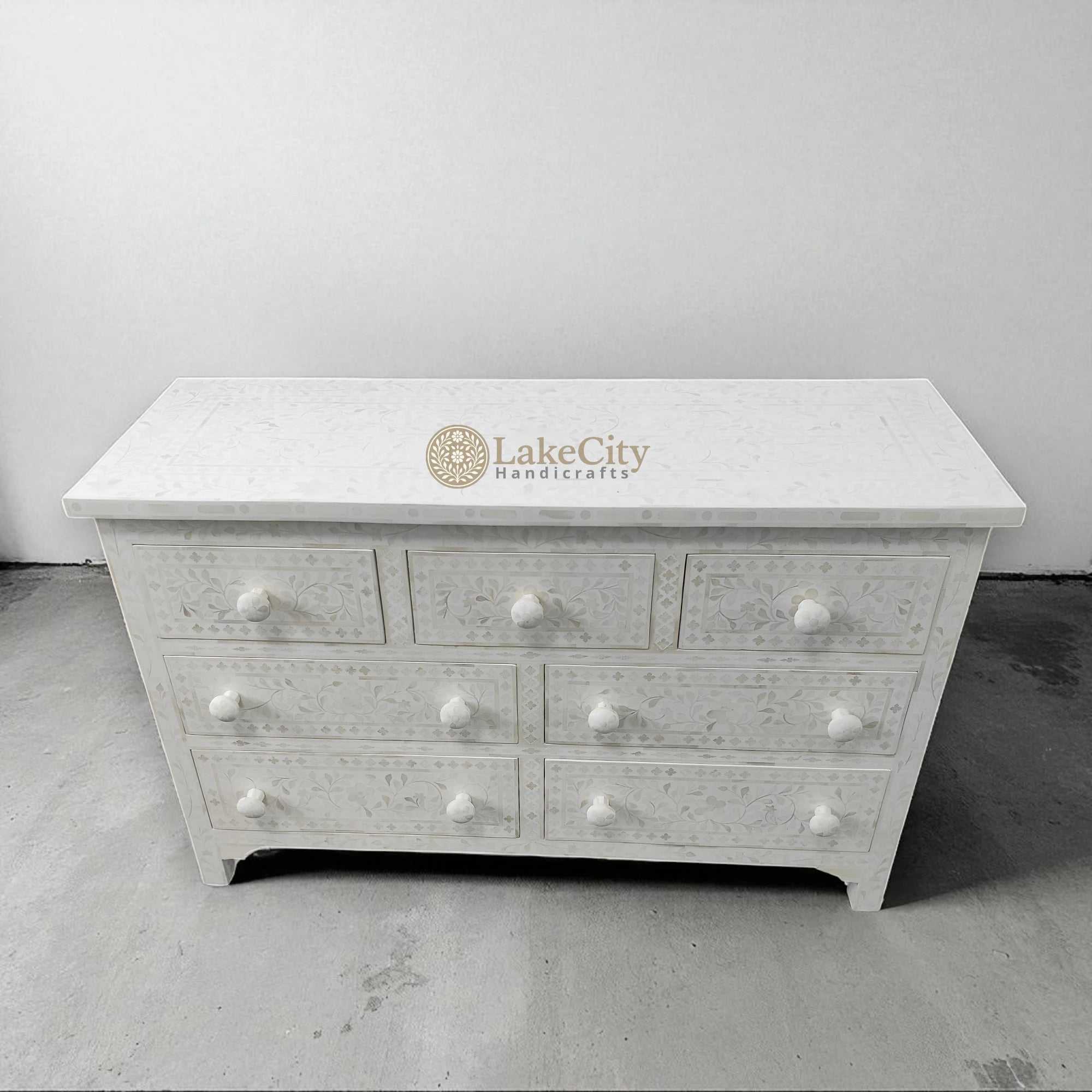 Bone Inlay Floral Design Chest Of 7 Drawers | Bone Inlay Floral Design 7 Drawers Dresser Table