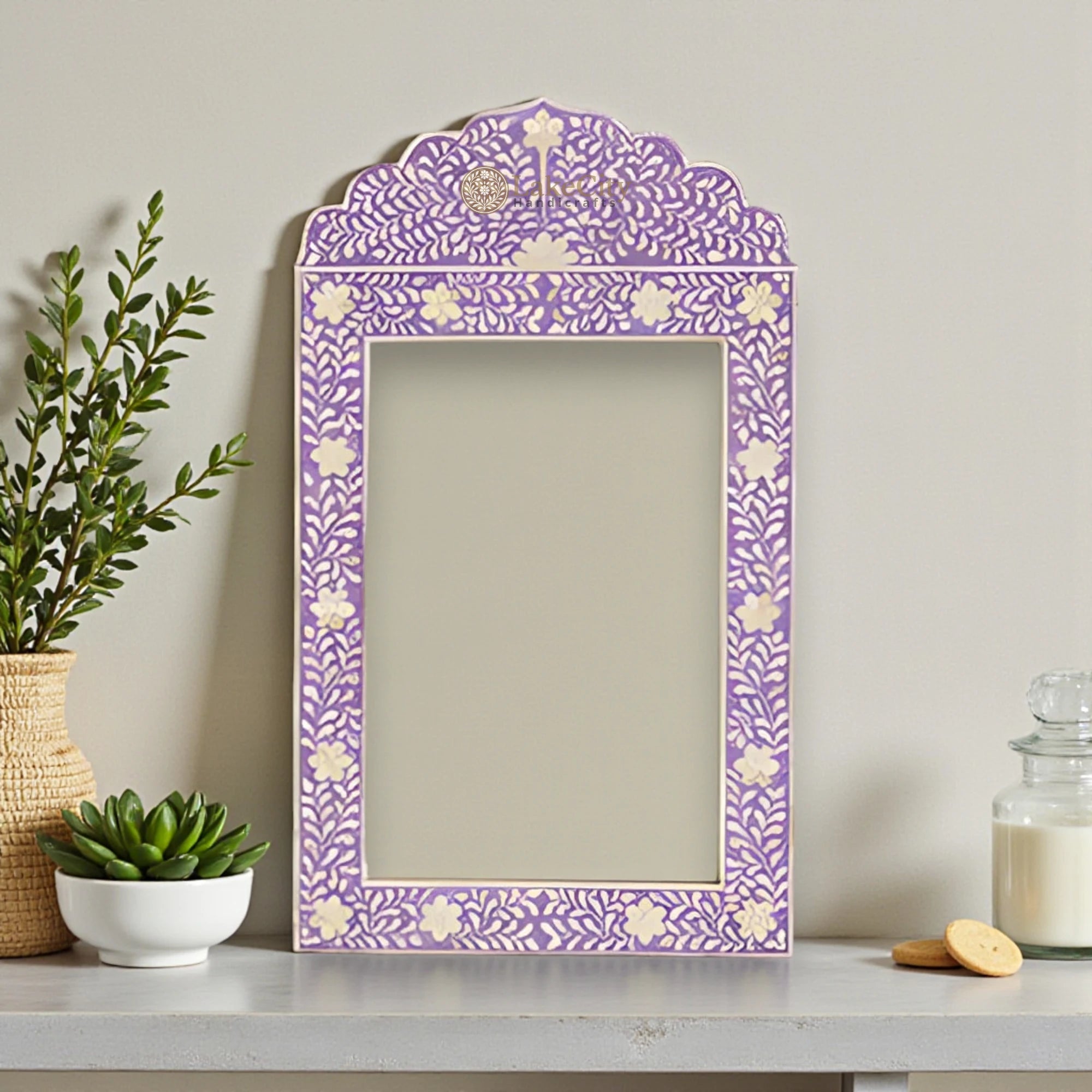 Bone Inlay Floral Design Crested Mirror Frame Purple - Lakecity Handicrafts