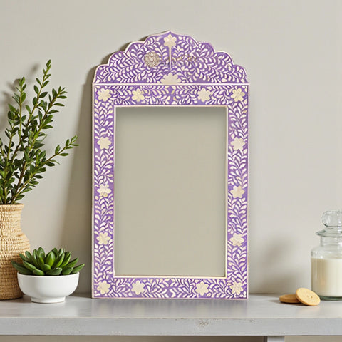 Bone Inlay Floral Design Crested Mirror Frame Purple - Lakecity Handicrafts
