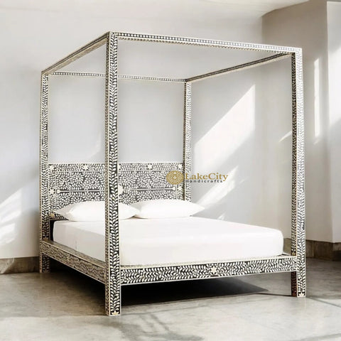 Bone Inlay Floral Design Four Poster Bed with Multi Color