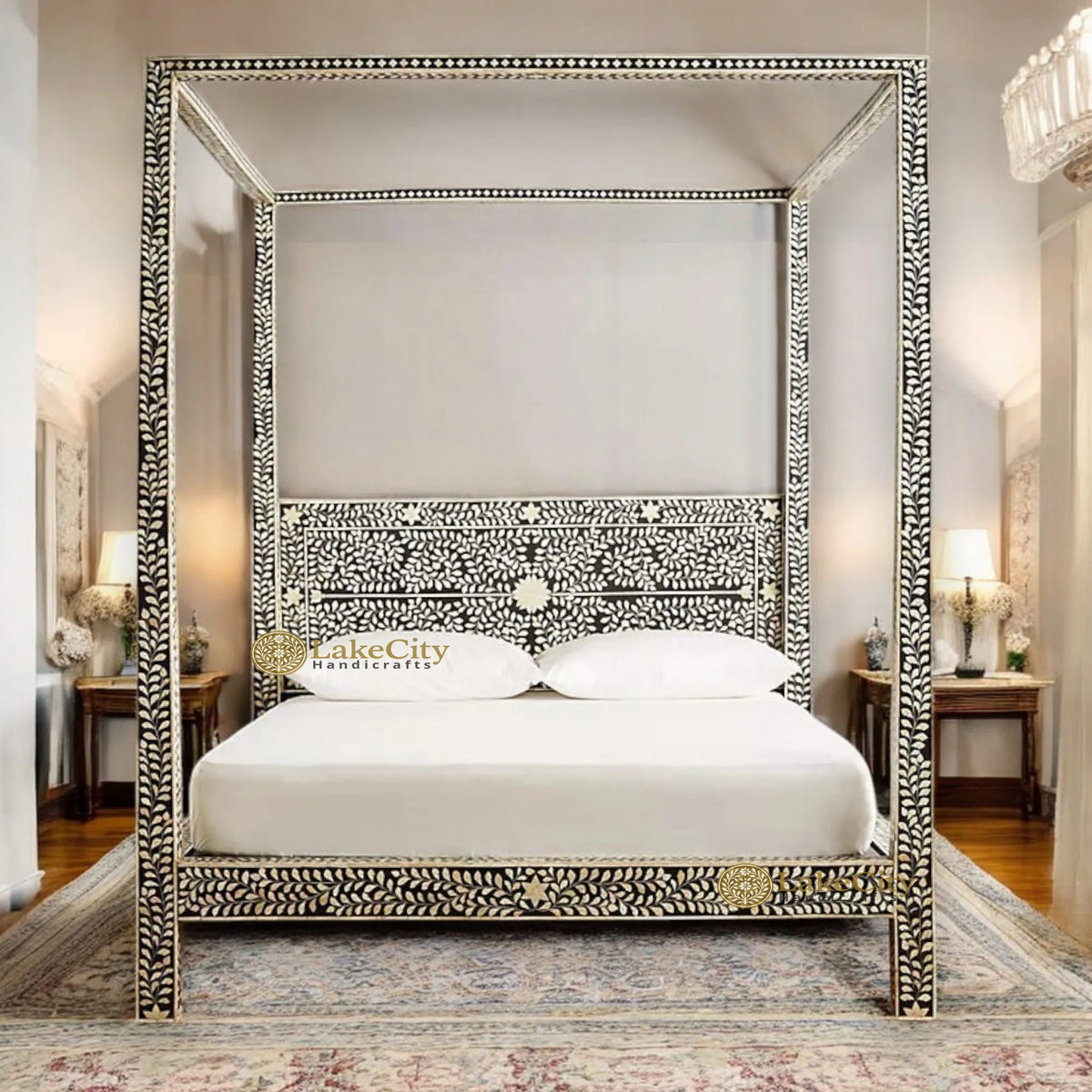 Bone Inlay Floral Design Four Poster Bed with Multi Color