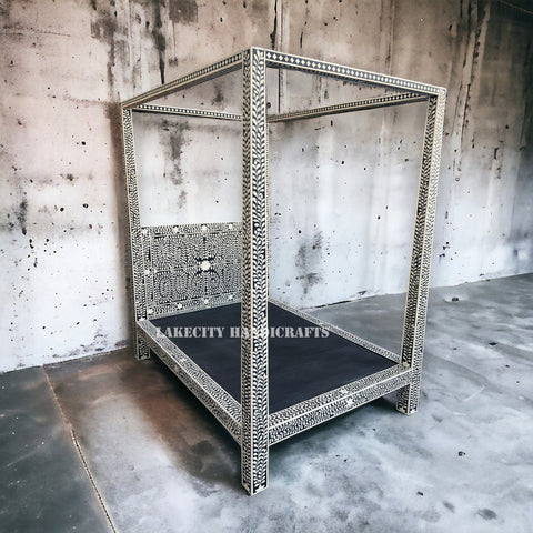 Bone Inlay Floral Design Four Poster Single Bed Black