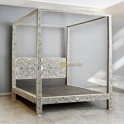 Bone Inlay Floral Design Four Poster Bed with Multi Color
