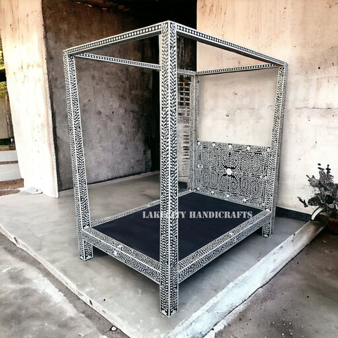 Bone Inlay Floral Design Four Poster Single Bed Black