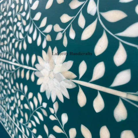 Bone Inlay Floral Design Four Poster Bed Teal Green Ready To Ship