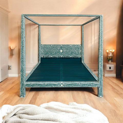 Bone Inlay Floral Design Four Poster Bed Teal Green Ready To Ship