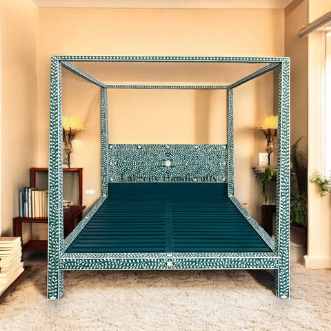 Bone Inlay Floral Design Four Poster Bed Teal Green Ready To Ship