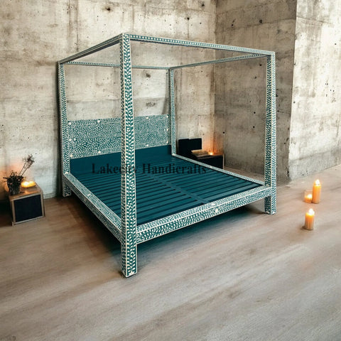 Bone Inlay Floral Design Four Poster Bed Teal Green Ready To Ship
