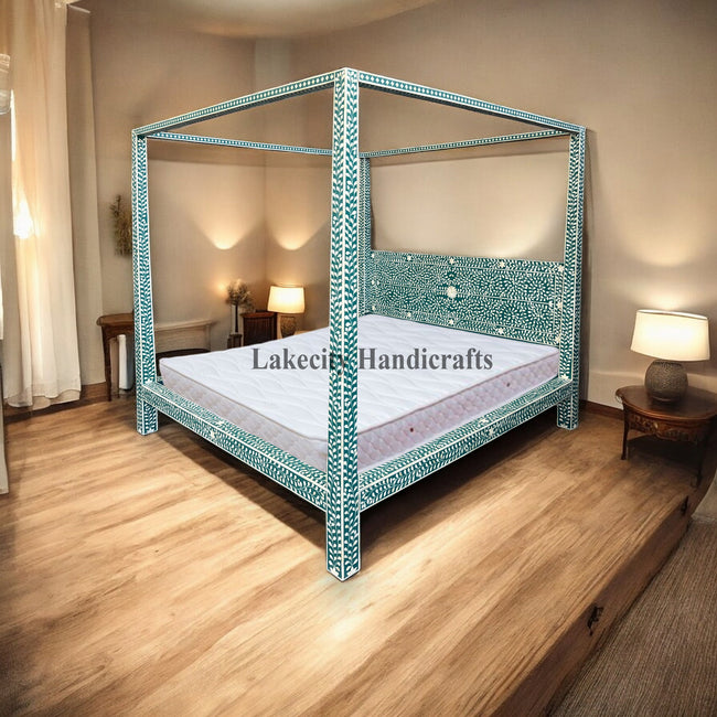 Bone Inlay Floral Design Four Poster Bed Teal Green Ready To Ship