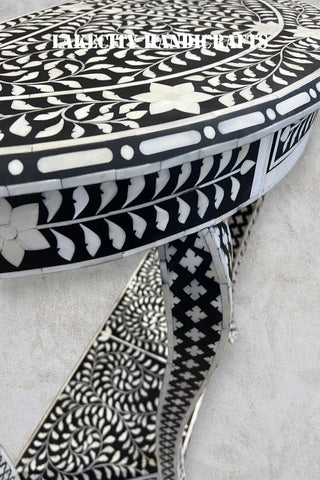 Bone Inlay Floral Design Half Moon Console Table Black