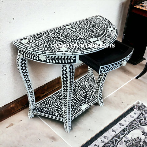 Bone Inlay Floral Design Half Moon Console Table Black