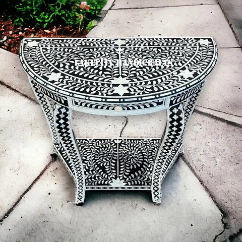 Bone Inlay Floral Design Half Moon Console Table Black
