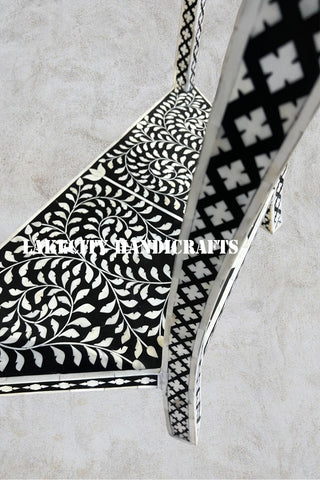 Bone Inlay Floral Design Half Moon Console Table Black