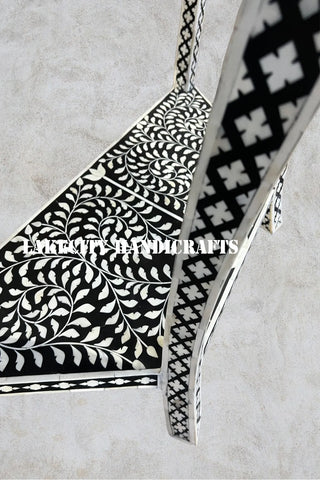 Bone Inlay Floral Design Half Moon Console Table Black