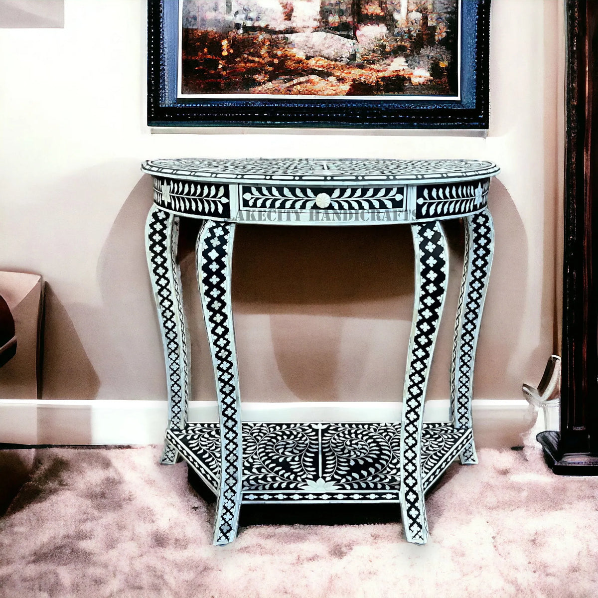 Bone Inlay Floral Design Half Moon Console Table Black