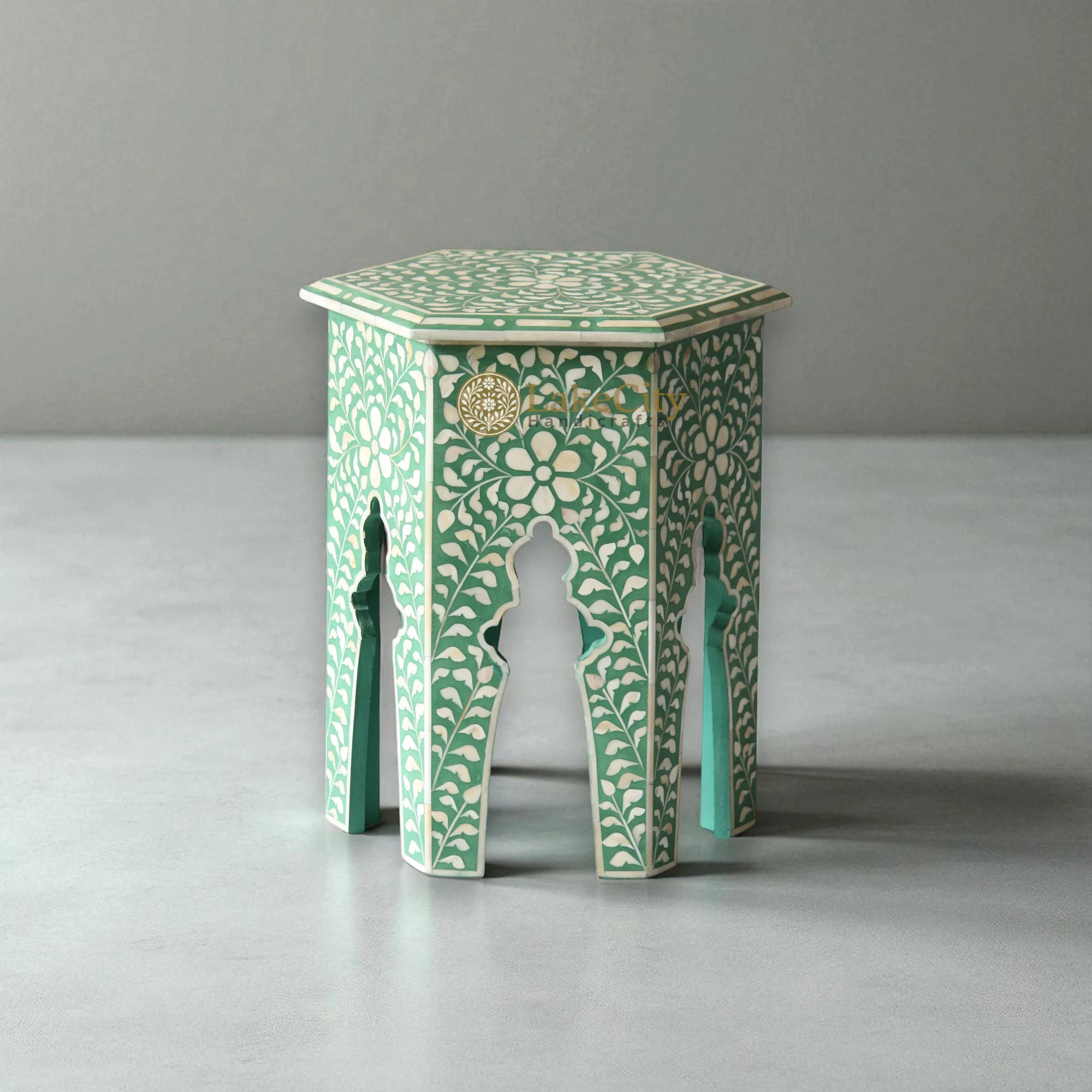 Mesa auxiliar hexagonal con diseño floral y incrustaciones de hueso | Mesa auxiliar hexagonal con diseño floral y incrustaciones de hueso