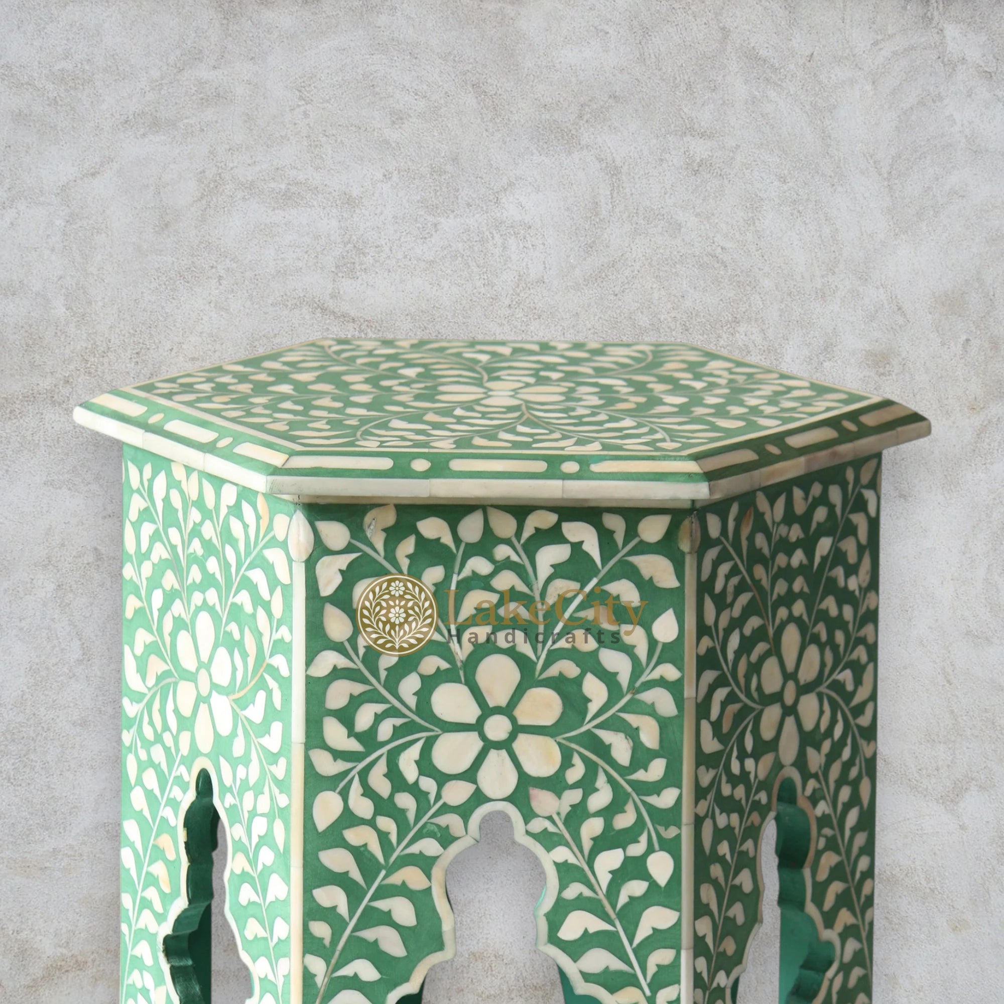 Mesa auxiliar hexagonal con diseño floral y incrustaciones de hueso | Mesa auxiliar hexagonal con diseño floral y incrustaciones de hueso