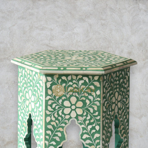 Mesa auxiliar hexagonal con diseño floral y incrustaciones de hueso | Mesa auxiliar hexagonal con diseño floral y incrustaciones de hueso