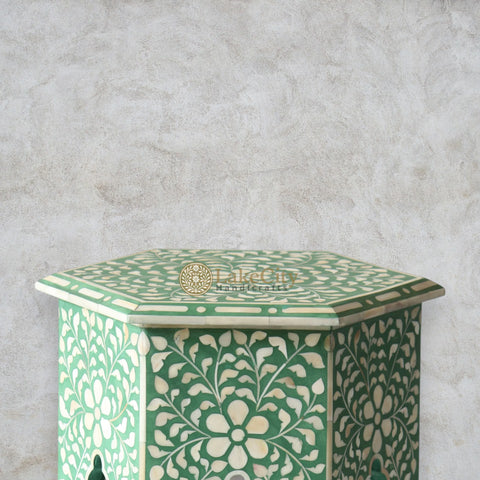 Mesa auxiliar hexagonal con diseño floral y incrustaciones de hueso | Mesa auxiliar hexagonal con diseño floral y incrustaciones de hueso