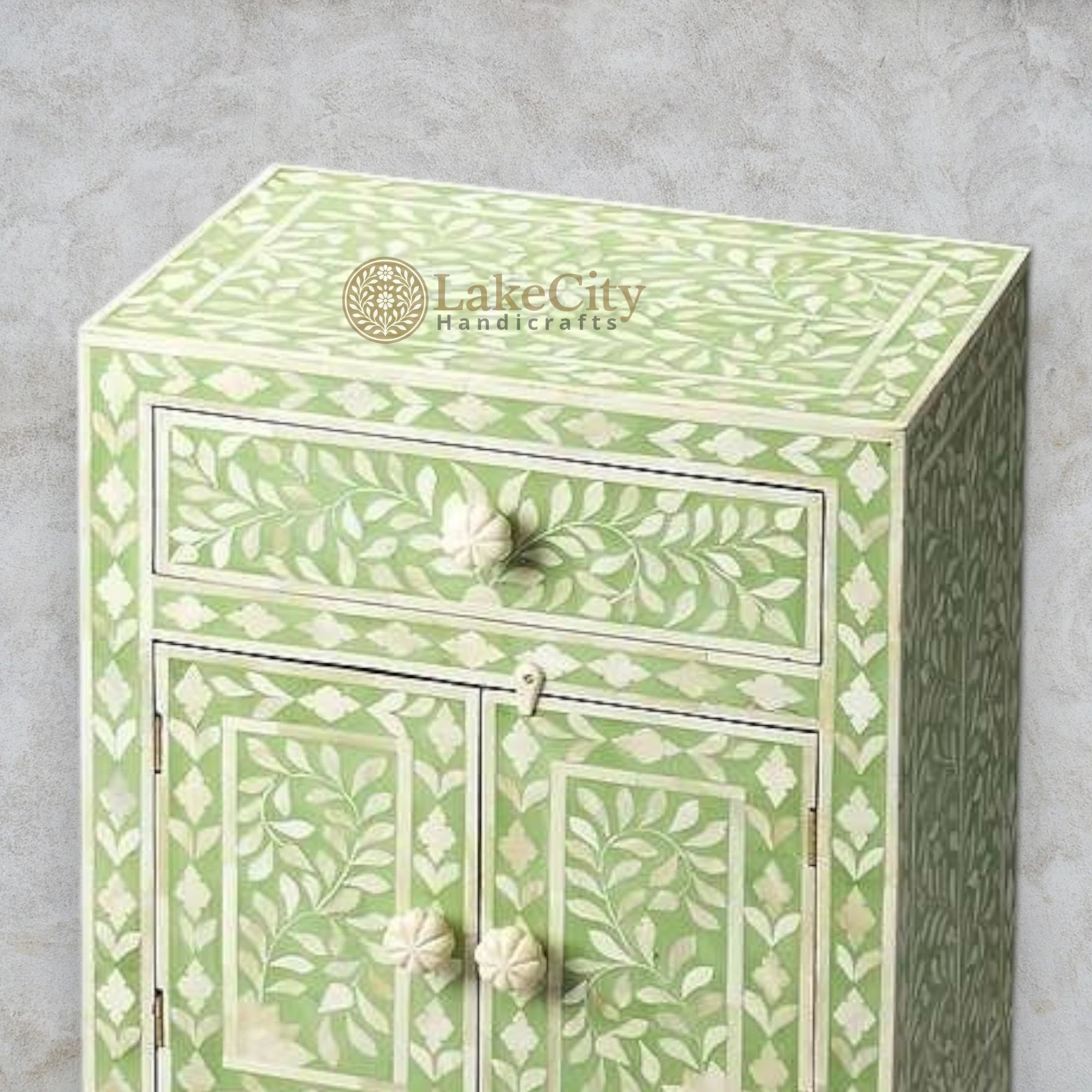 Bone Inlay Floral Design One Drawer & Two Door Bedside Table Green | Green Bedside Table