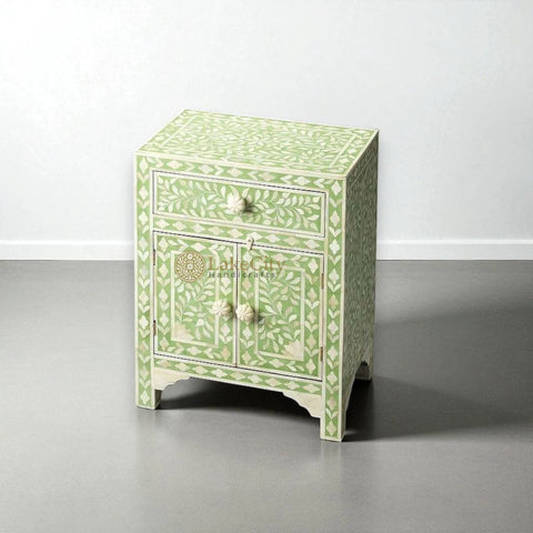 Bone Inlay Floral Design One Drawer & Two Door Bedside Table Green | Green Bedside Table