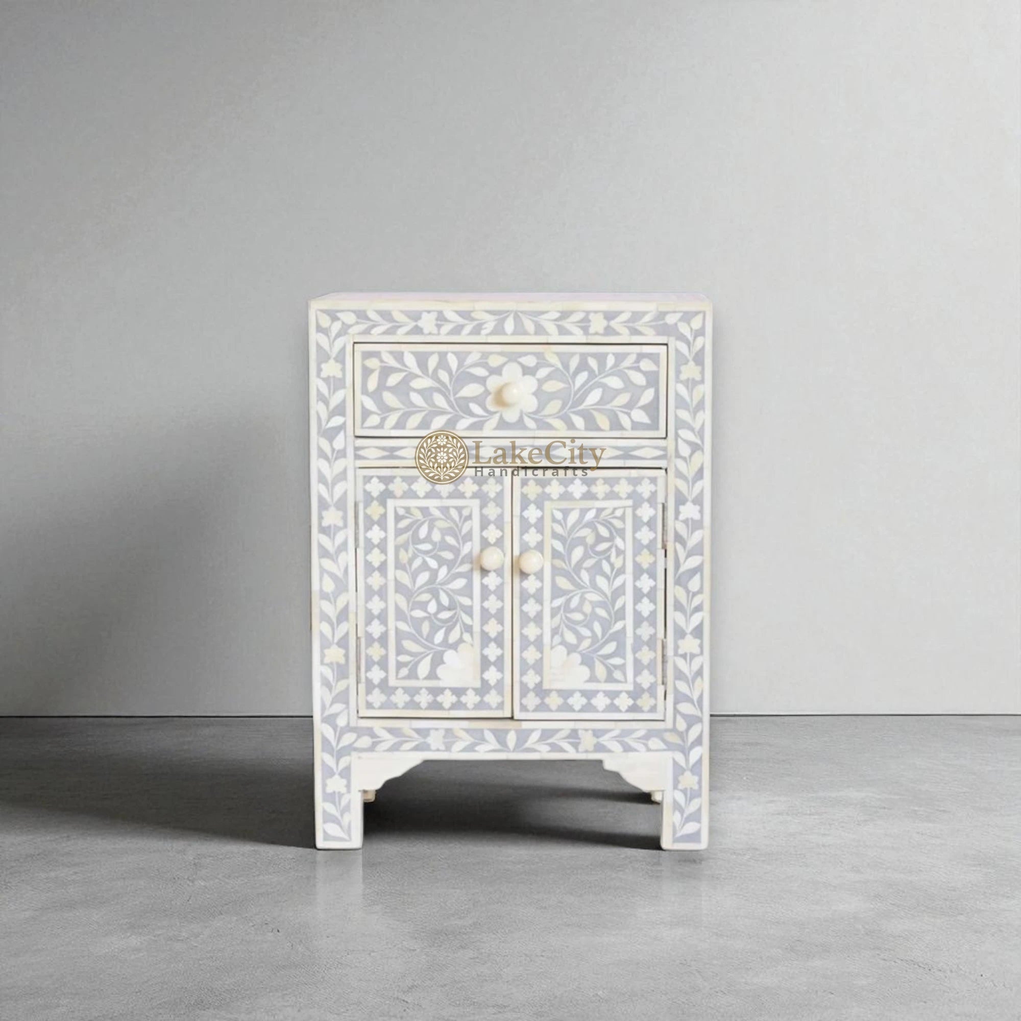 Bone Inlay Floral Design One Drawer & Two Door Bedside Table Grey | Bone Inlay Floral Design One Drawer & Two Door Nightstand Table Grey