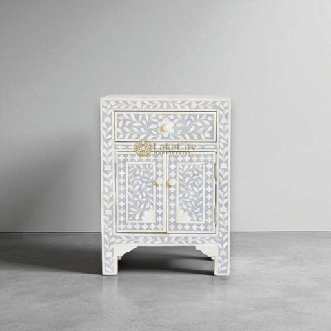 Bone Inlay Floral Design One Drawer & Two Door Bedside Table Grey | Bone Inlay Floral Design One Drawer & Two Door Nightstand Table Grey