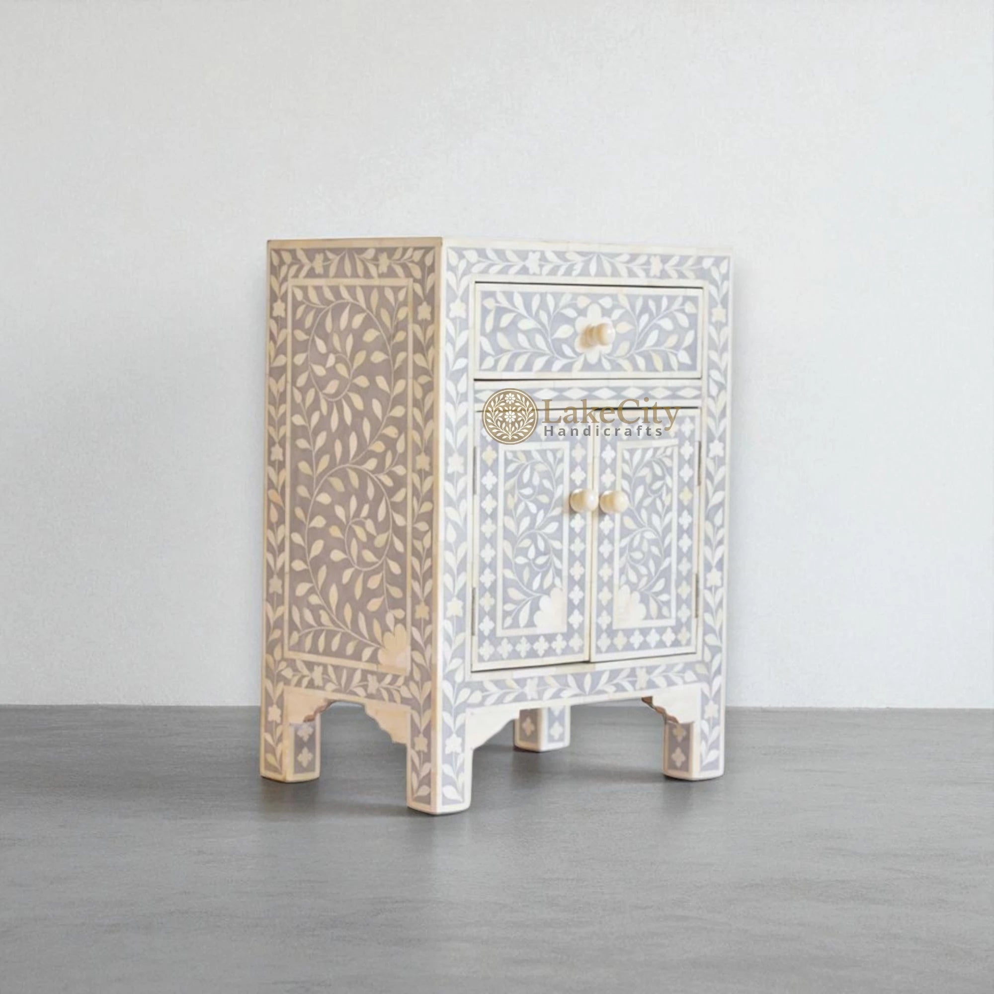 Bone Inlay Floral Design One Drawer & Two Door Bedside Table Grey | Bone Inlay Floral Design One Drawer & Two Door Nightstand Table Grey