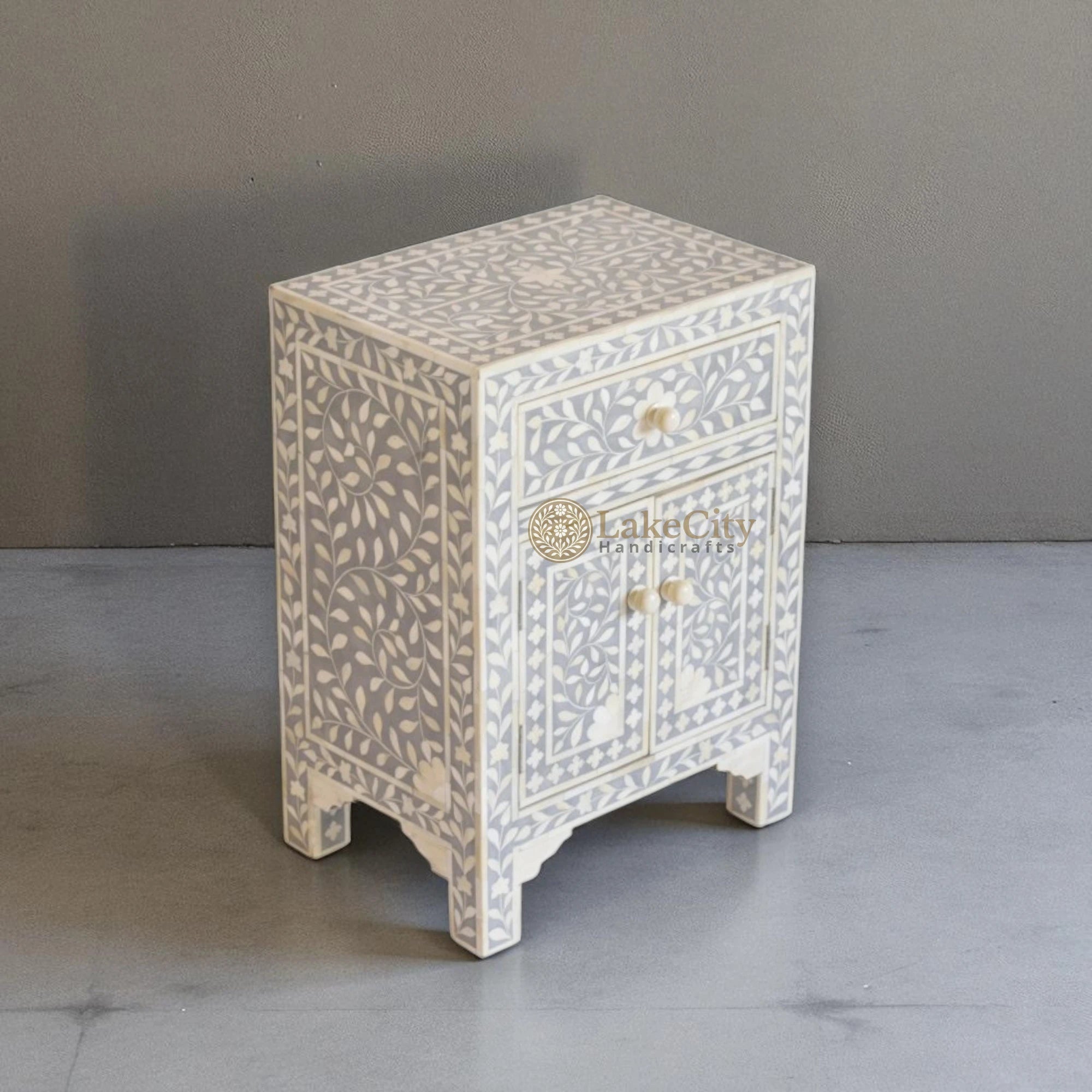 Bone Inlay Floral Design One Drawer & Two Door Bedside Table Grey | Bone Inlay Floral Design One Drawer & Two Door Nightstand Table Grey