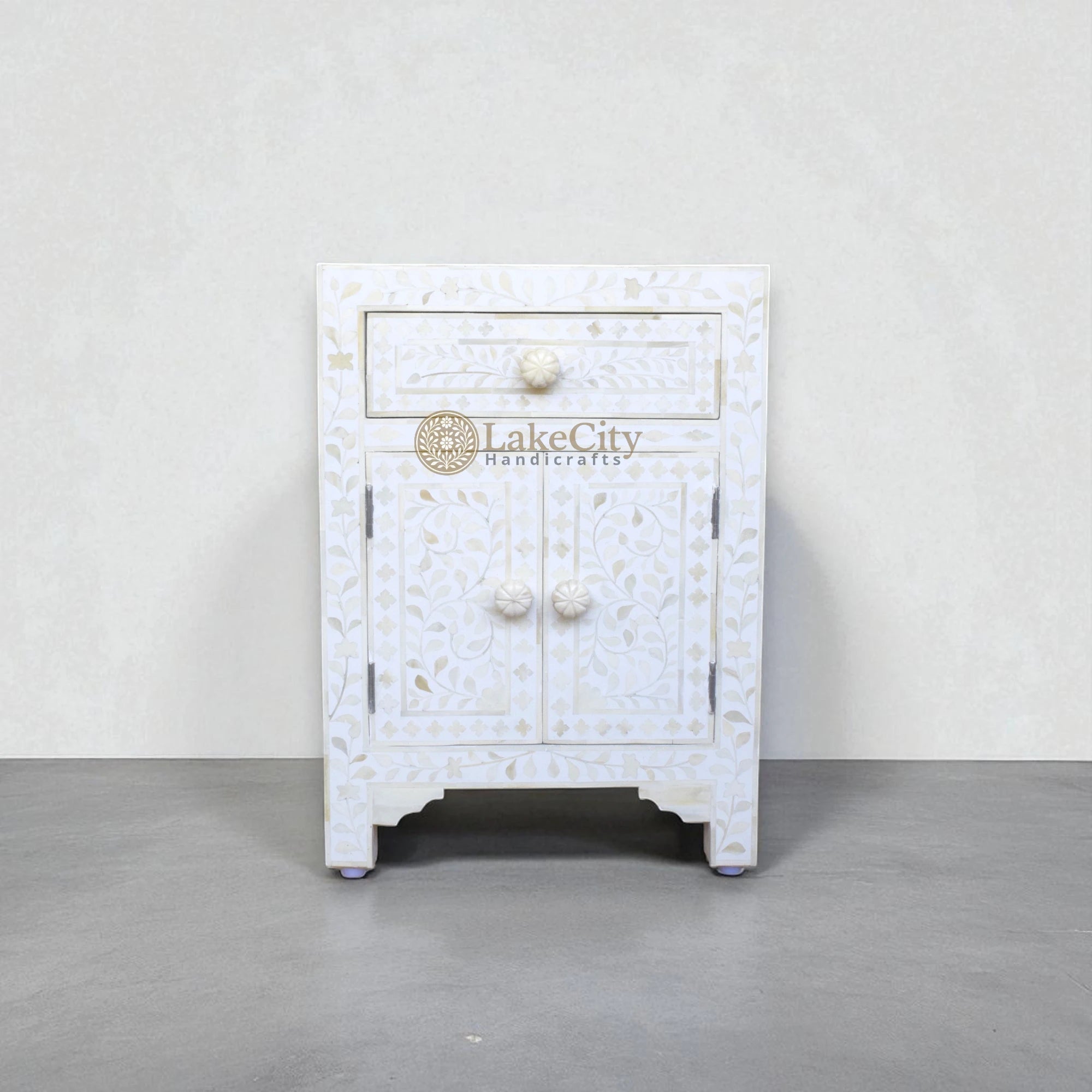 Bone Inlay Floral Design One Drawer & Two Door Bedside Table White | Bone Inlay Floral Design One Drawer & Two Door Nightstand Table White