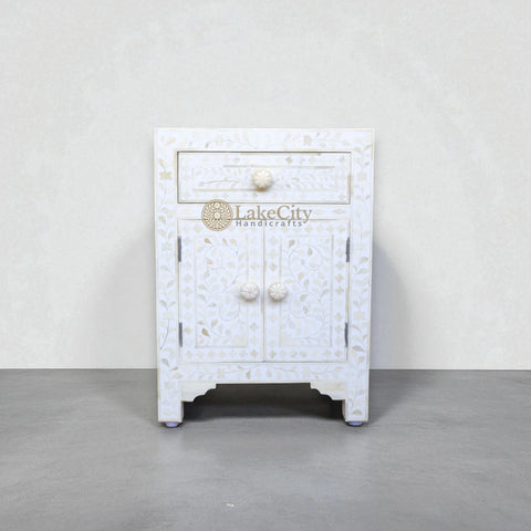 Bone Inlay Floral Design One Drawer & Two Door Bedside Table White | Bone Inlay Floral Design One Drawer & Two Door Nightstand Table White