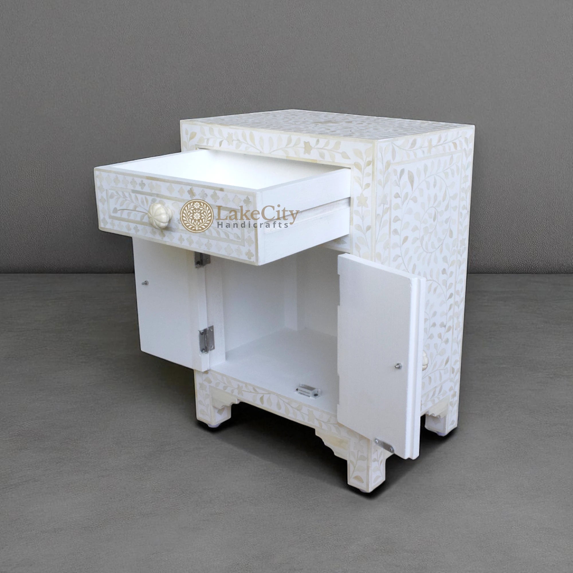 Bone Inlay Floral Design One Drawer & Two Door Bedside Table White | Bone Inlay Floral Design One Drawer & Two Door Nightstand Table White